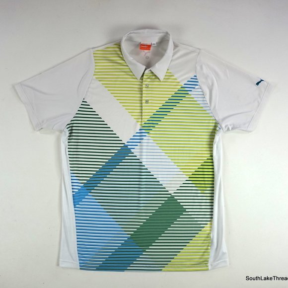 Puma Shirts Puma Sport Dry Cell Golf Polo Mens Large White Blue Green Geometric Print Poshmark